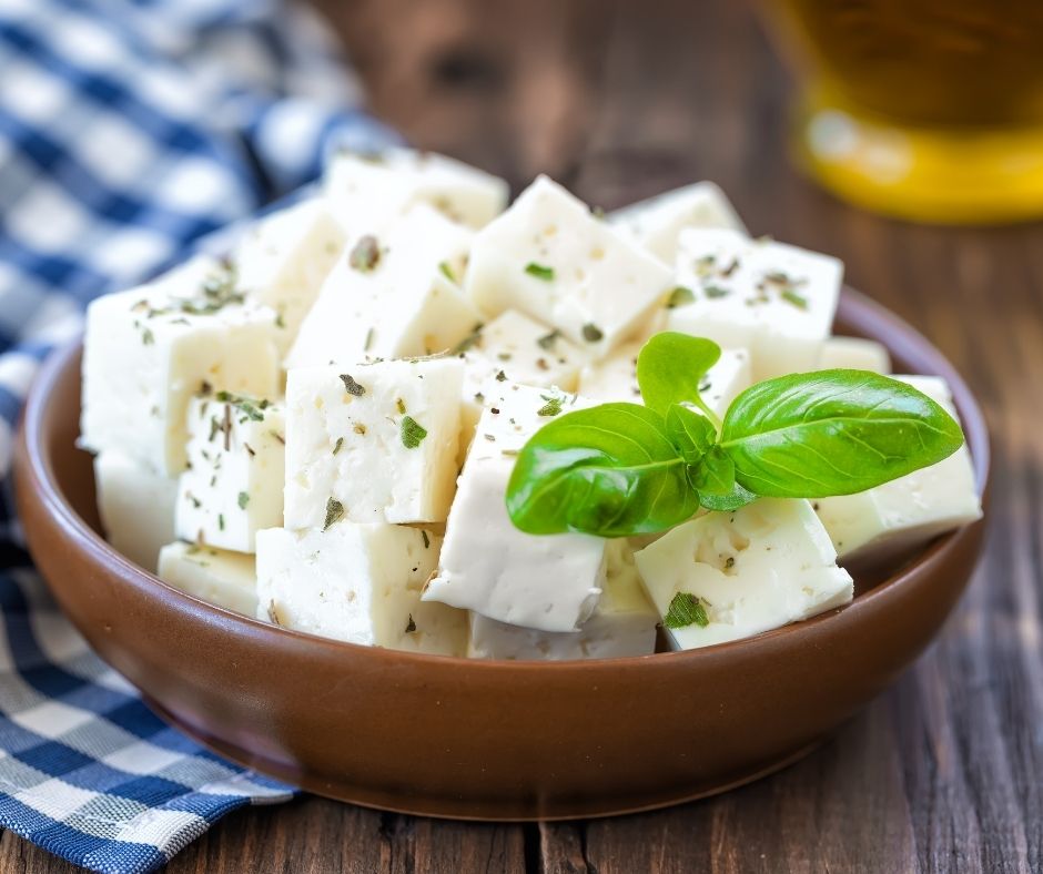 cubed feta cheese in a bowl